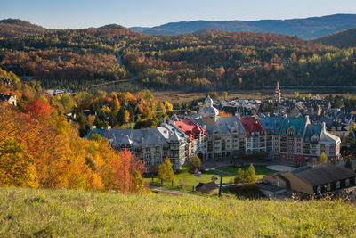 Scenic view of trees and houses on field during autumn