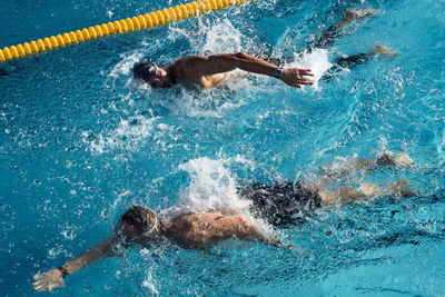 High angle view of male athletes swimming in pool