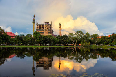 Reflection of buildings in lake against sky