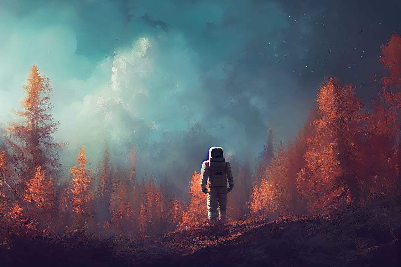 Astronaut in a spacesuit in the middle of an autumn forest under a cloudy sky 3d illustration Painting Fantasy Forest Imagination Alone Art ArtWork Astronaut Autumn Concept Cosmonaut Discovery Dreamlike Futuristic Illustration Journey Landscape Light Nature Orange Outdoors Red Leaf Scenery Sci-fi Science Fiction