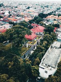 High angle view of buildings in city
