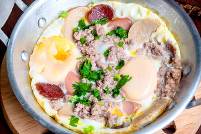 High angle view of breakfast served on table