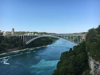 Bridge over river against clear blue sky