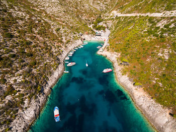 High angle view of sea and rock formations