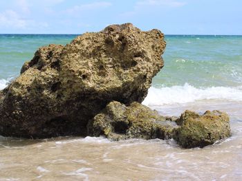 Scenic view of rocky beach against clear sky