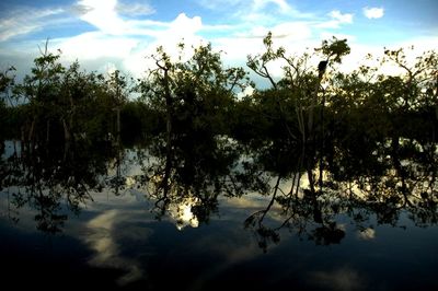 Scenic view of lake against cloudy sky