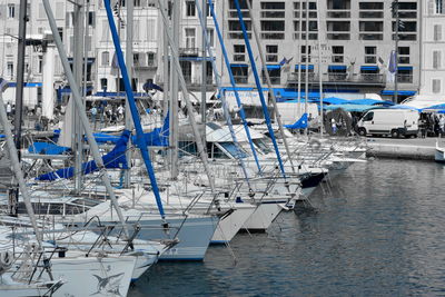 Boats moored in harbor