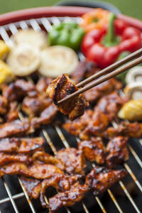 Close-up of meat on barbecue grill