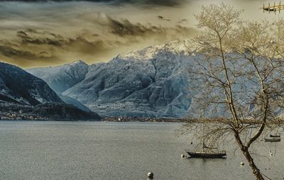 View of lake with mountain range in the background