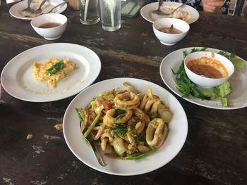 High angle view of meal served on table