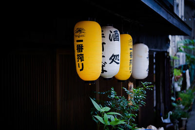 Close-up of yellow text hanging on wood