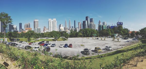 High angle view of people on road in city