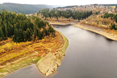 Aerial view of a dam in the harz mountains in germany