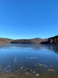 Scenic view of lake against clear blue sky