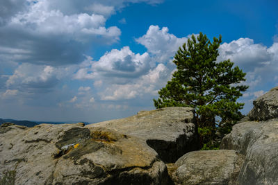 Low angle view of rock formation against sky