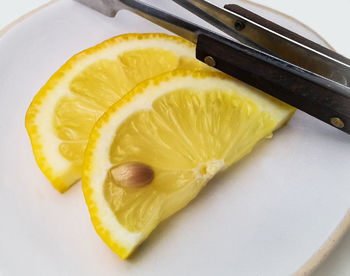 High angle view of lemon slice in plate