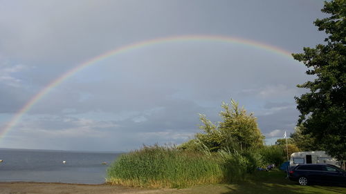 Scenic view of rainbow over trees against sky