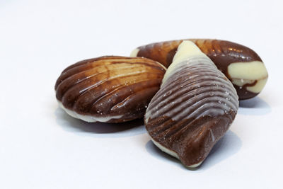 Close-up of bread in plate against white background