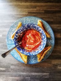 High angle view of breakfast on table