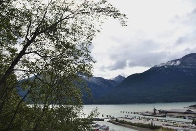 Scenic view of lake by mountains against sky