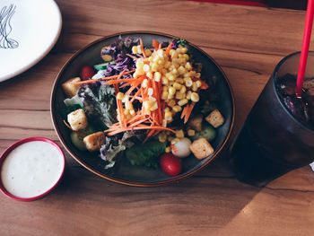 High angle view of food in bowl on table