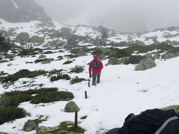 Rear view of person walking on snow covered mountain