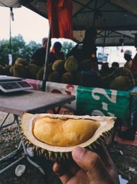 Cropped hand holding durian