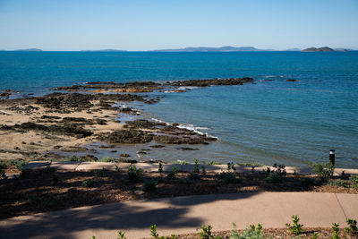 Scenic view of sea against clear blue sky