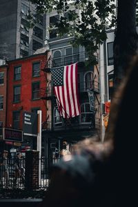 Red flag on street in city