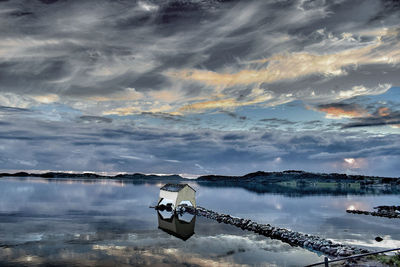 Scenic view of lake against sky at sunset