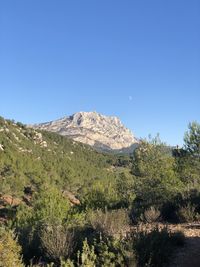 Scenic view of mountains against clear blue sky