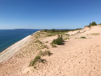 Scenic view of beach against clear blue sky