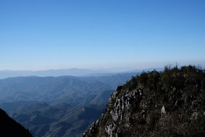 Scenic view of mountains against clear blue sky