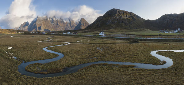 Panoramic view of the mountains and islands around lofoten