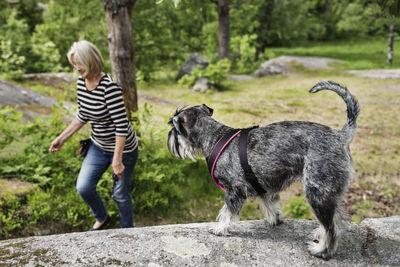 Happy senior woman enjoying with dog at field