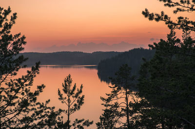 Silhouette trees by lake against sky during sunset