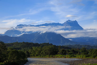 Scenic view of lake and mountains against sky