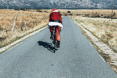 Rear view of person walking on road