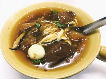 High angle view of soup in bowl