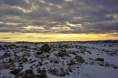 Scenic view of snow covered landscape against sky
