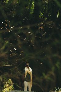 Young man standing against trees in forest