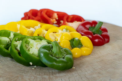 Close-up of chopped bell peppers on table