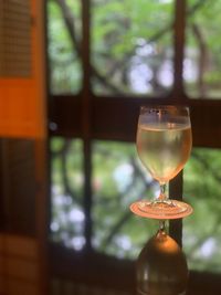 Close-up of beer glass on table