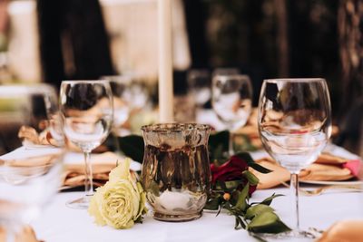 Glass of drinks on table in restaurant