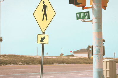 Road sign against clear sky