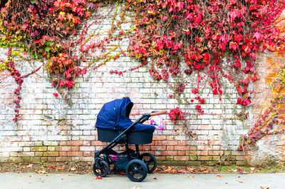 Bicycles on footpath against wall