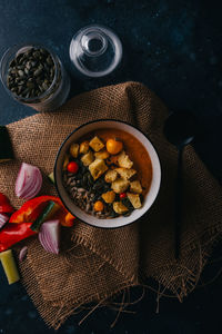 High angle view of breakfast on table