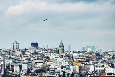 View of bird flying over cityscape against cloudy sky