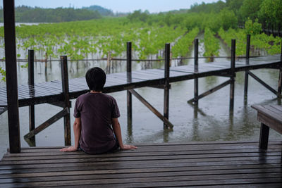 Rear view of boy looking at lake