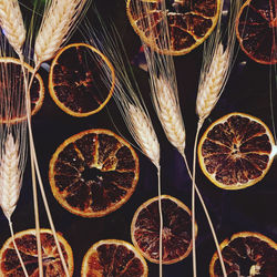 High angle view of dry orange with wheat on black background